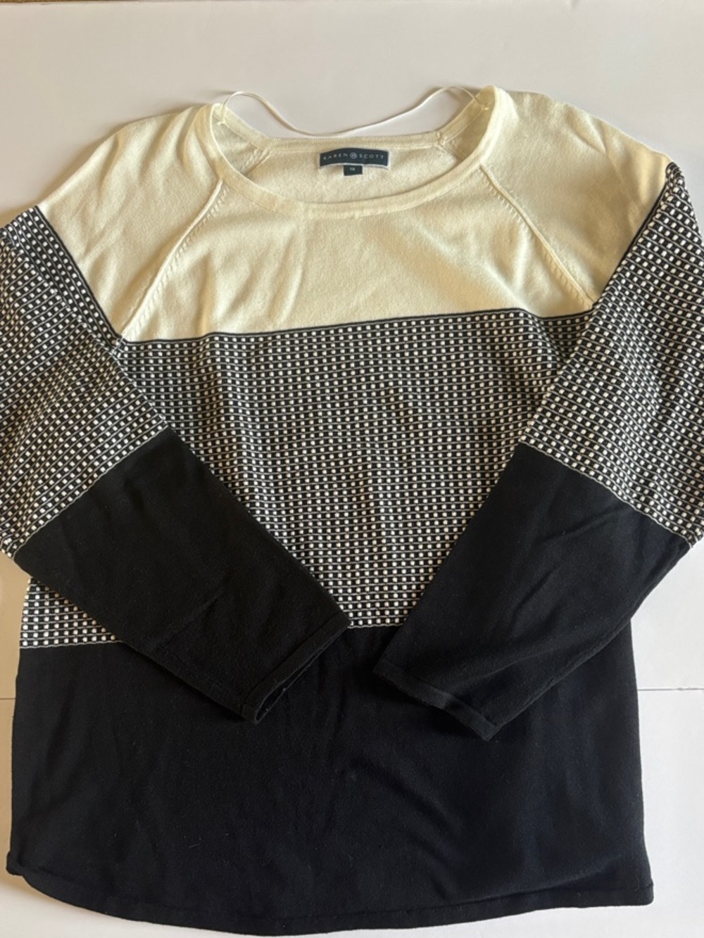 Karen Scott Cream, Black and White Patterned Crewneck Sweater